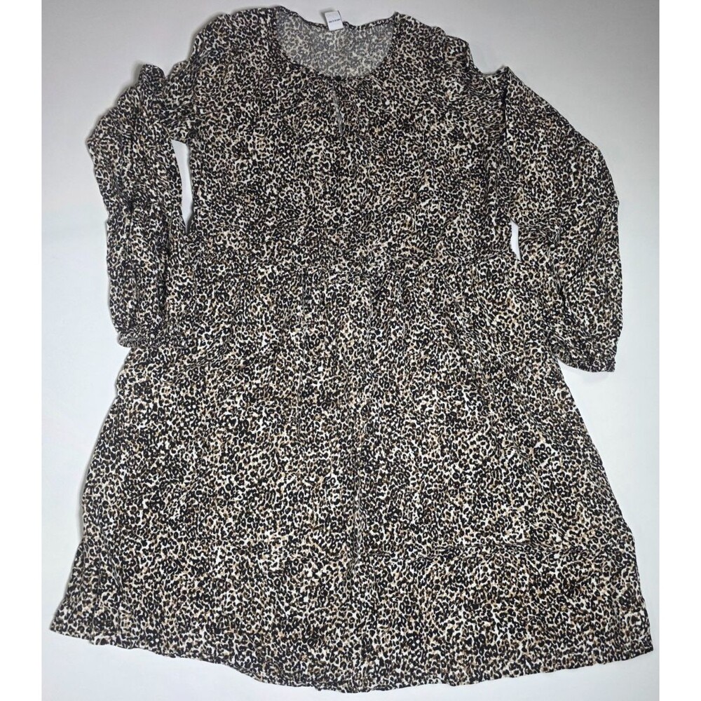 Old Navy Womens S Tall Leopard Print Long Sleeve Tiered Keyhole Babydoll Dress
